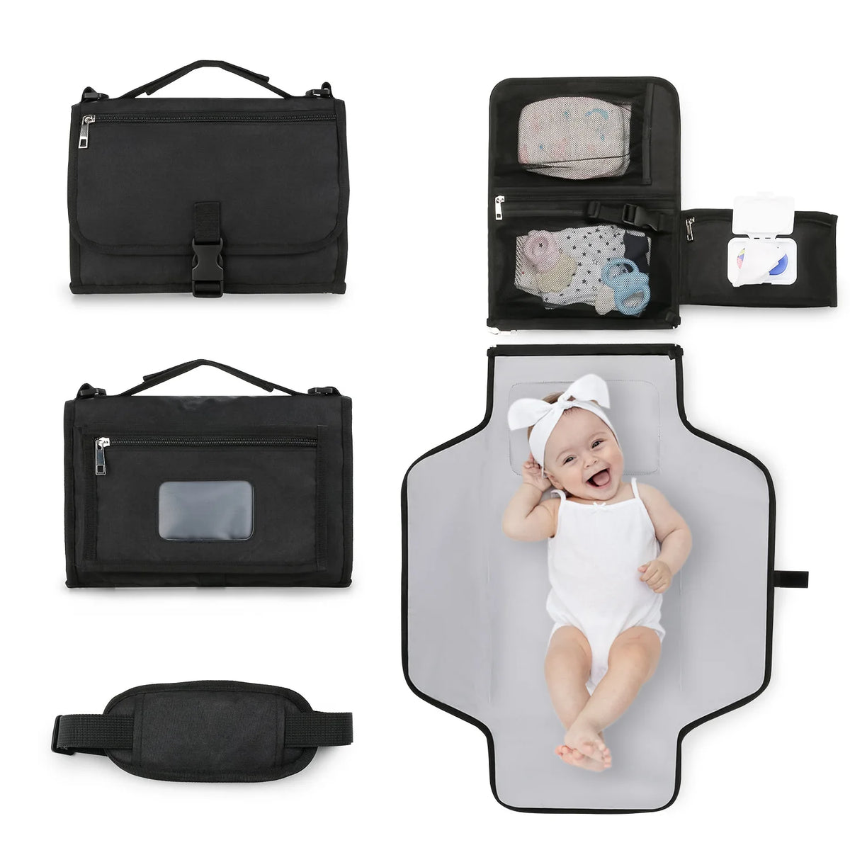 Diaper Changing Clutch with Foldout Baby Mat and Storage Pockets, 3-in-1 Portable Waterproof Changing Pad for Everyday Outings