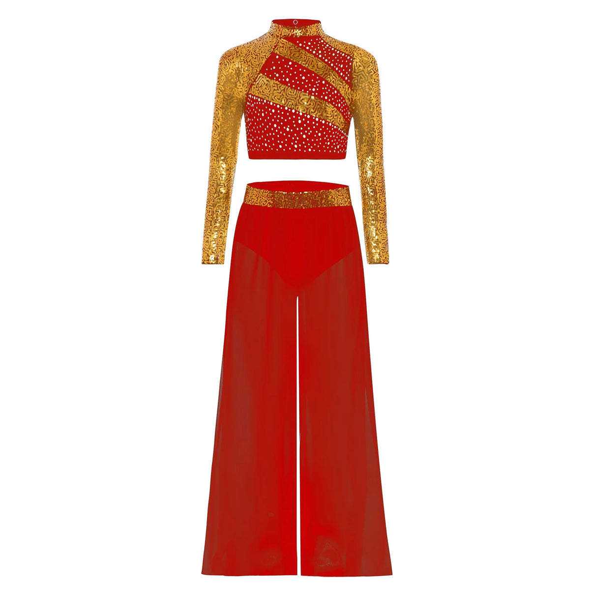 Girls Lyrical Dance Costume Set with Mock Neck Sparkle Top and Wide Leg Pants, Chiffon Overlay and Sleeveless Styles for Recitals and Stage Performances