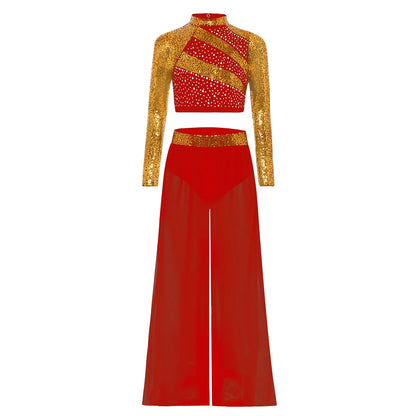 Girls Lyrical Dance Costume Set with Mock Neck Sparkle Top and Wide Leg Pants, Chiffon Overlay and Sleeveless Styles for Recitals and Stage Performances