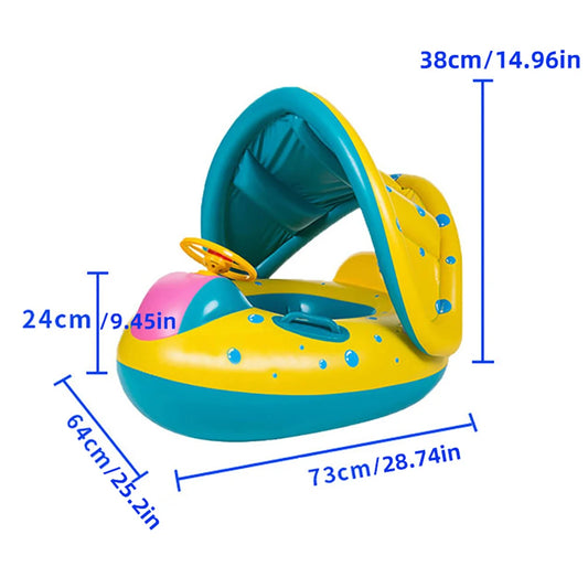 Yellow Baby Pool Float Seat with Sunshade and Steering Wheel, Inflatable Seated Swim Ring for Closely Supervised Summer Pool Play