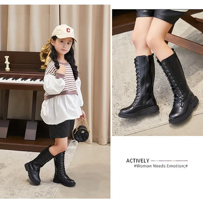 Lace-Up Knee-High Boots for Girls with Side Zippers and Chunky Soles, Black or Beige Motorcycle-Inspired Tall Fashion Shoes, Sizes 27–37