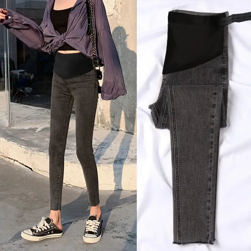 Maternity Denim Jeans with Over-Belly Panel, Blue Pregnancy Pants with Frayed Hem Styling, M-2XL Options for Everyday Casual Outfits