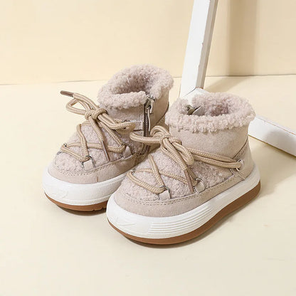 Toddler Plush Ankle Boots with Lace-Up Front, Rubber Soles and Fluffy Trim for Boys and Girls, Beige Black or Pink Cool-Weather Shoes