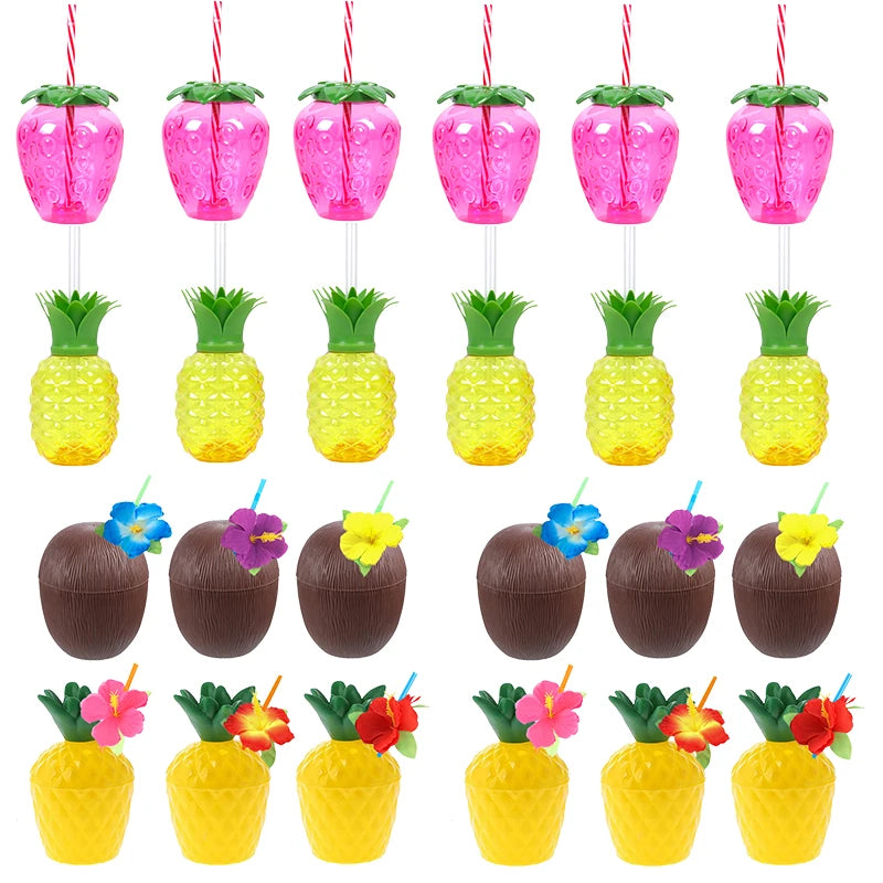 Fruit Shaped Party Cups in Pineapple, Coconut and Strawberry Designs, 6 or 10-Piece Plastic Drink Cup Sets for Luau Birthdays and Summer Celebrations