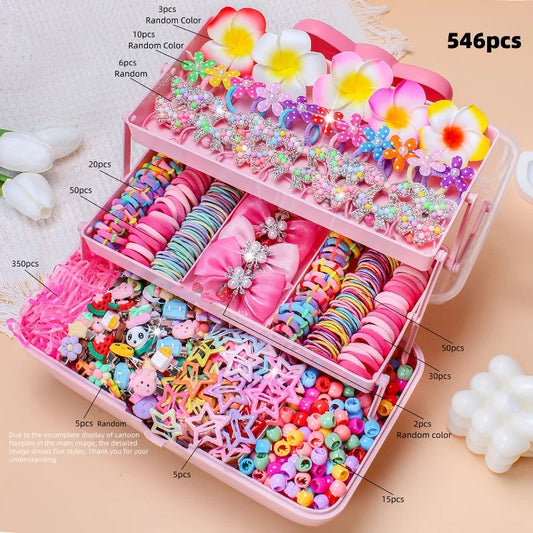 Girls Hair Styling Accessories Kit, 546-Piece Colorful Assortment of Elastic Hair Bands, Bow Clips and Decorative Hair Ties, No Storage Box