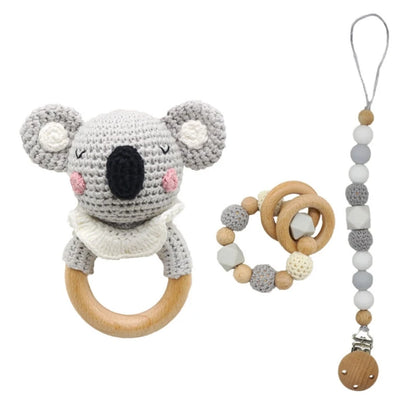 Crochet Animal Rattle Set with Wooden Ring and Coordinating Accessories, Rabbit, Deer and More Designs for Supervised Play and Baby Shower Gifts