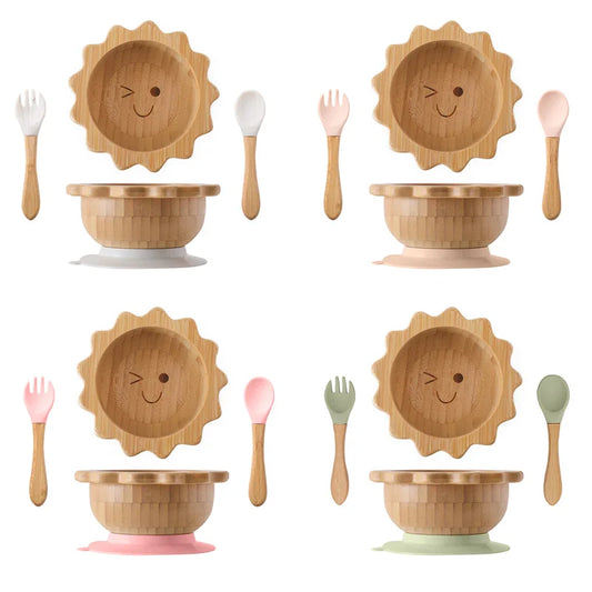 Bamboo Baby Suction Bowl and Tableware Options, Sun, Cloud and Dinosaur Designs with Single-Piece or 3-Piece Wooden-Handle Utensil Sets