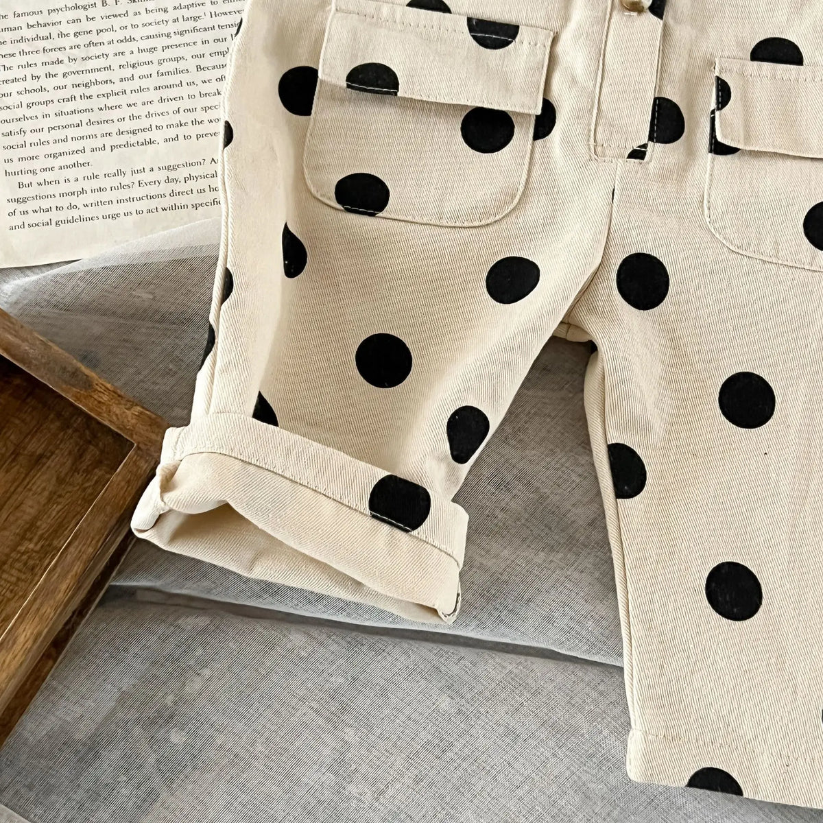 Polka Dot Baby Jumpsuit in Beige with Black Spots, Sleeveless Button-Front One-Piece with Flap Pockets for Infant Girls Everyday Outfits