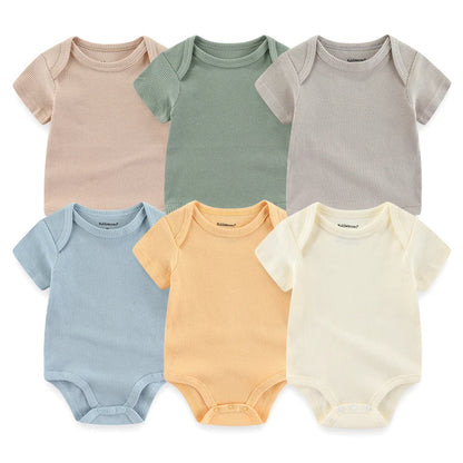 Baby Cotton Bodysuit Set, 6-Piece Short Sleeve Outfits with Envelope Shoulders and Snap Crotch for Boys and Girls, Sizes 3M-12M