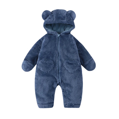 Bear Ear Baby Romper with Plush Texture and Heart Pockets, Hooded Zip Front One-Piece Outfit for Boys and Girls in Four Colors, 0-12 Months