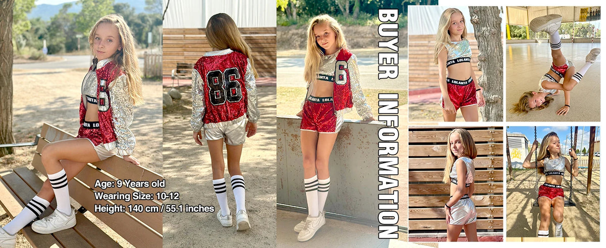 Girls Sequin Hip Hop Dance Costume Set with Metallic Trim Jacket, Crop Top, Shorts and Striped Socks for Jazz Recitals and Stage Performances