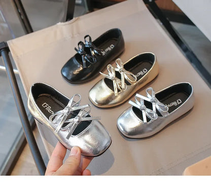 Girls Square-Toe Double-Bow Dress Flats with Cross-Strap Detail in Silver, Black or Gold for Party Outfits, Family Celebrations and Special Occasions