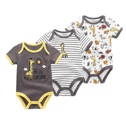 Cotton Infant Bodysuit Trio with Short Sleeves, Printed and Solid Baby One-Piece Outfits with Bottom Snaps for Boys and Girls, 3M-12M