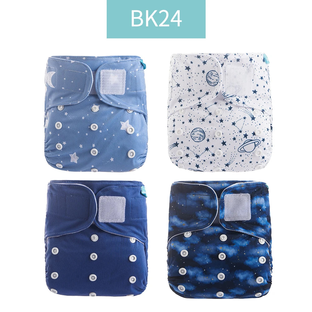 Reusable Cloth Diapers, Happyflute 4-Pack One-Size Pocket Baby Nappies with Adjustable Snap Closures, Washable Covers, Inserts Sold Separately
