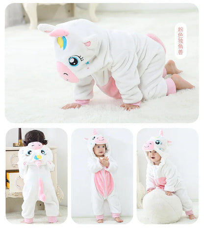 Animal Kigurumi Costume for Babies and Toddlers, Hooded Flannel Jumpsuit with Long Sleeves for Halloween Dress-Up and Family Photos