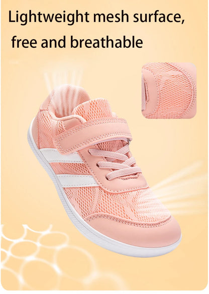 Kids Wide-Toe Mesh Sneakers with Adjustable Hook-and-Loop Strap, Contrast Side Stripes and Low-Top Casual Style in Pink, Black or Blue