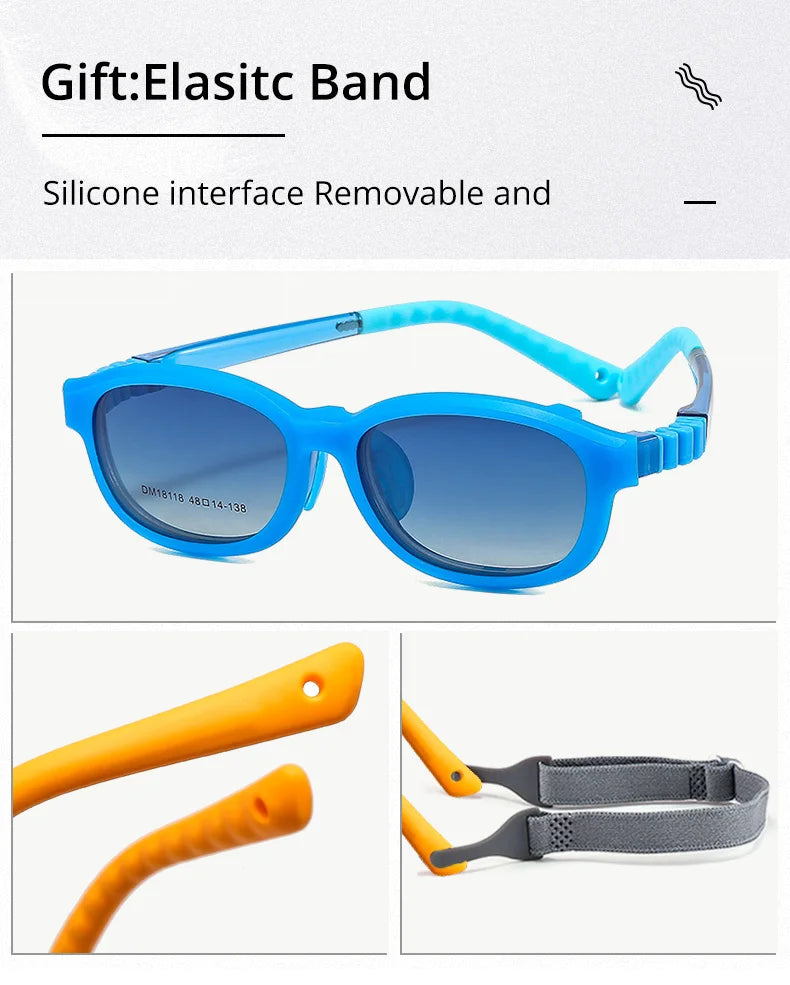 Children's 2-in-1 Sunglasses with Flexible Eyeglass Frame and Removable Sun Clip, Colorful Kids Shades for Summer Outings and Family Travel