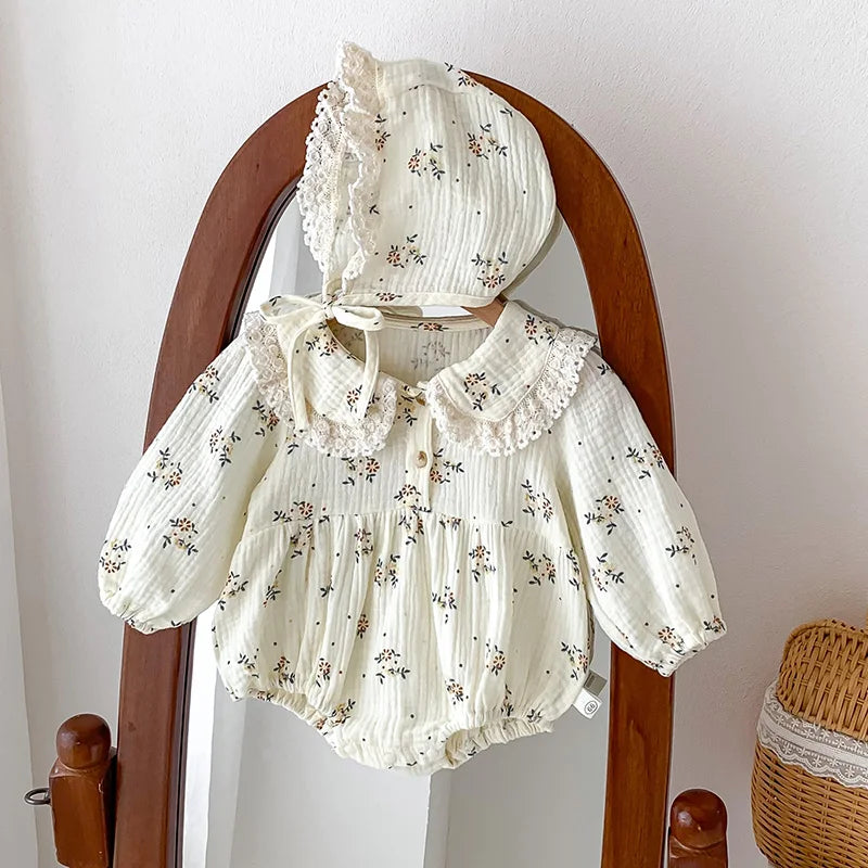 Lace Collar Baby Girl Romper with Bonnet, Cream Floral Long Sleeve Bubble One-Piece and Matching Hat for Spring Photos, Sizes 66-90