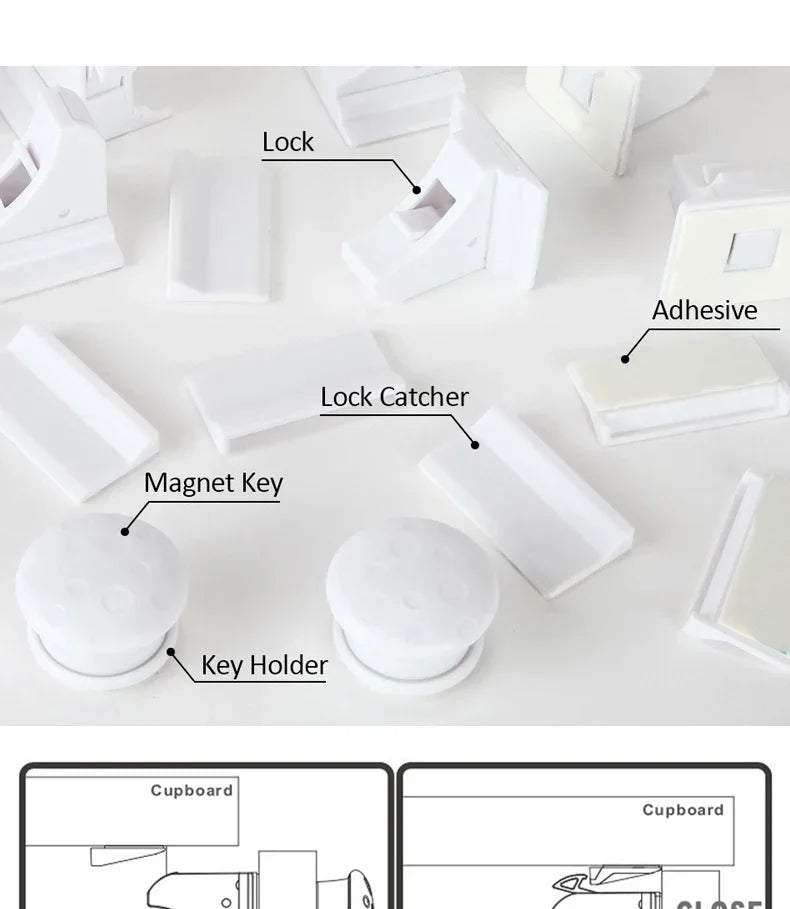 Magnetic Cabinet Safety Locks with Hidden Interior Latches and No-Drill Adhesive Installation for Compatible Drawers and Cupboard Doors