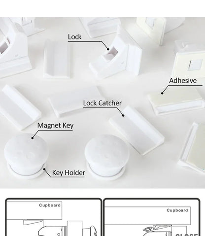 Magnetic Cabinet Safety Locks with Hidden Interior Latches and No-Drill Adhesive Installation for Compatible Drawers and Cupboard Doors