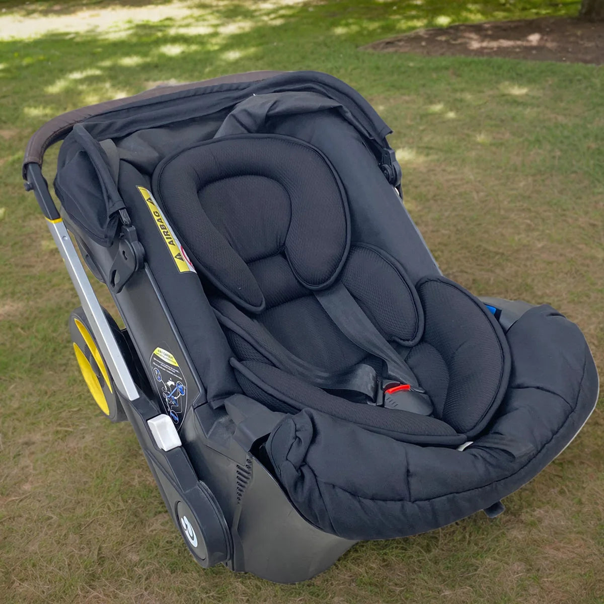 Contoured Baby Stroller Seat Cushion with Padded Head and Body Sections, Polyester-Filled Washable Seat Insert in Black or Gray