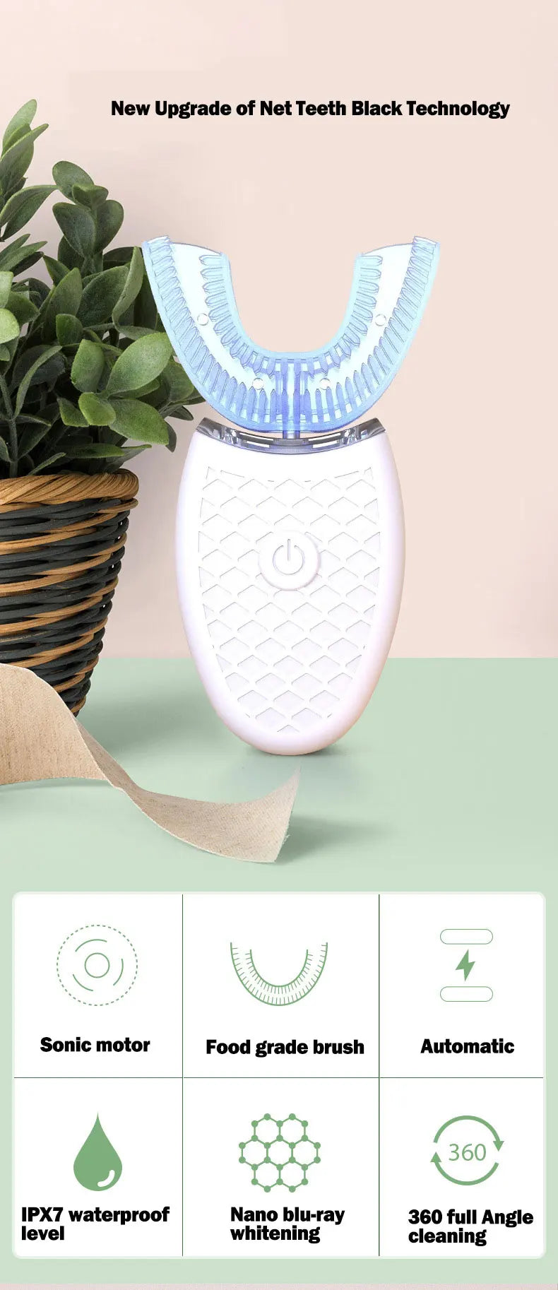 U-Shaped Sonic Toothbrush with Silicone Mouthpiece, USB Rechargeable Electric Oral Care Brush with Three Modes in Black or White
