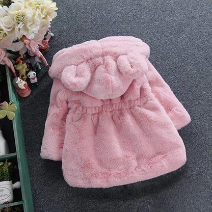 Girls Faux Fur Winter Coat with Bear Ear Hood and Zip Front, Plush-Look Toddler Jacket in Red, Beige, Black or Pink, Sizes 2T–7T