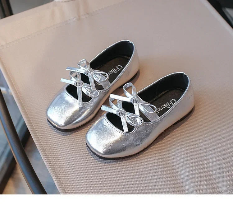 Girls Square-Toe Double-Bow Dress Flats with Cross-Strap Detail in Silver, Black or Gold for Party Outfits, Family Celebrations and Special Occasions
