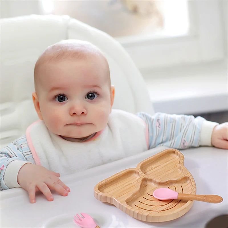 Bamboo Baby Suction Bowl and Tableware Options, Sun, Cloud and Dinosaur Designs with Single-Piece or 3-Piece Wooden-Handle Utensil Sets