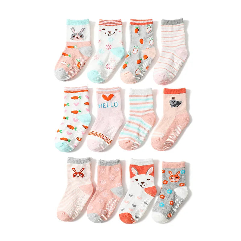 Cotton-Rich Baby Non-Slip Socks 12-Pair Pack, Crew Grip Socks with Ribbed Cuffs and Stretch Fit for Infant and Toddler Boys and Girls