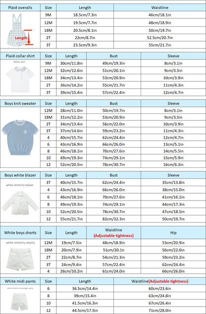 Light Blue Sibling Matching Outfits with Cotton Girls Collared Dresses, Baby Rompers and Boys Plaid Sets, Lyocell Knit Tops and White Separates