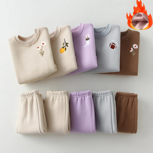 Toddler Sweatshirt and Pants Set with Embroidered Motif Options, Long Sleeve Baby Boys and Girls Two-Piece Fall Winter Outfit, 3 Months-5 Years