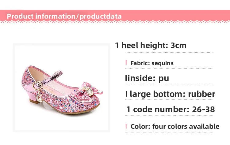Bow-Accent Glitter Mary Jane Shoes for Girls with Buckled Strap and Block Heel, Sparkling Princess Dress Shoes for Parties and Weddings