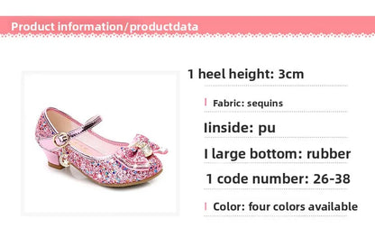 Bow-Accent Glitter Mary Jane Shoes for Girls with Buckled Strap and Block Heel, Sparkling Princess Dress Shoes for Parties and Weddings