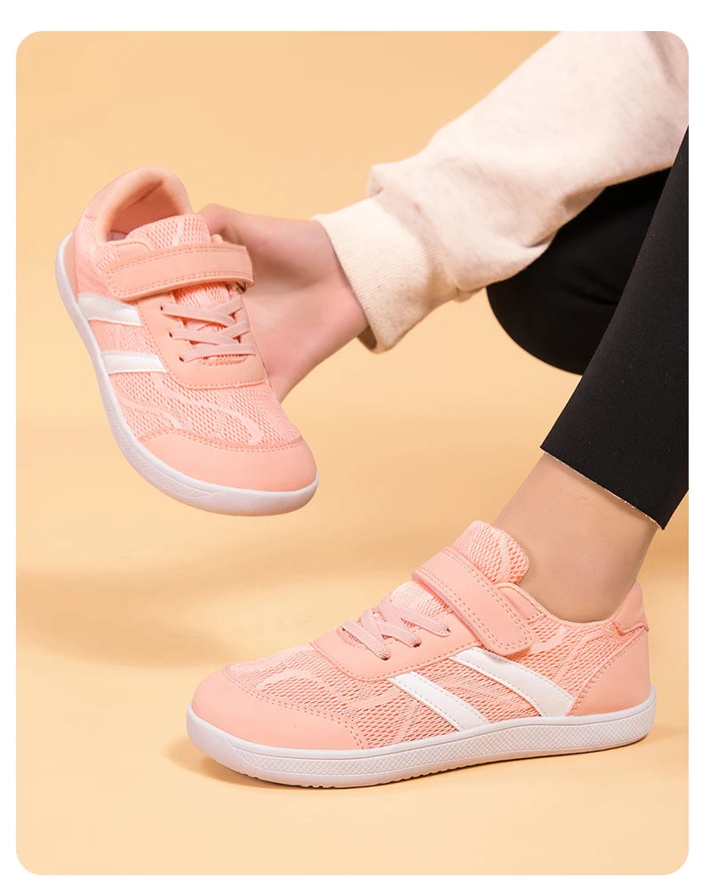 Kids Wide-Toe Mesh Sneakers with Adjustable Hook-and-Loop Strap, Contrast Side Stripes and Low-Top Casual Style in Pink, Black or Blue