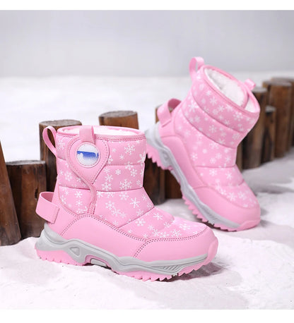 Snowflake Print Kids Winter Boots with Padded Shafts, Pull Tabs and Chunky Tread Soles, Pink Snow-Style Footwear for Boys and Girls