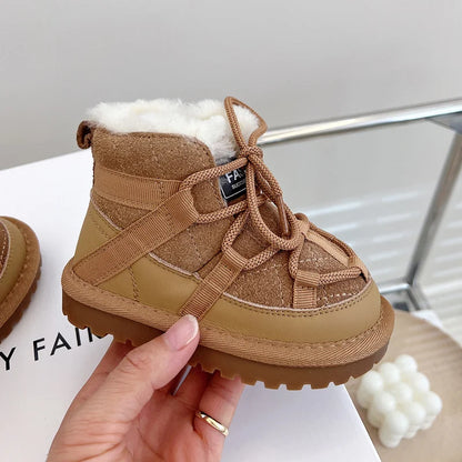 Plush-Lined Toddler Ankle Boots with Lace-Up Front and Side Zipper, Camel or Black Winter Shoes for Boys and Girls, Sizes 18-30