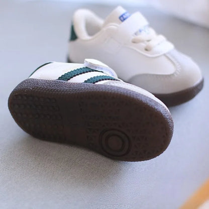 Toddler Twin Stripe Strap Sneakers with Faux PU Uppers and Lace Details, Black, Beige or Green Casual Shoes for Boys and Girls, 11.8-16 cm Inner Lengths