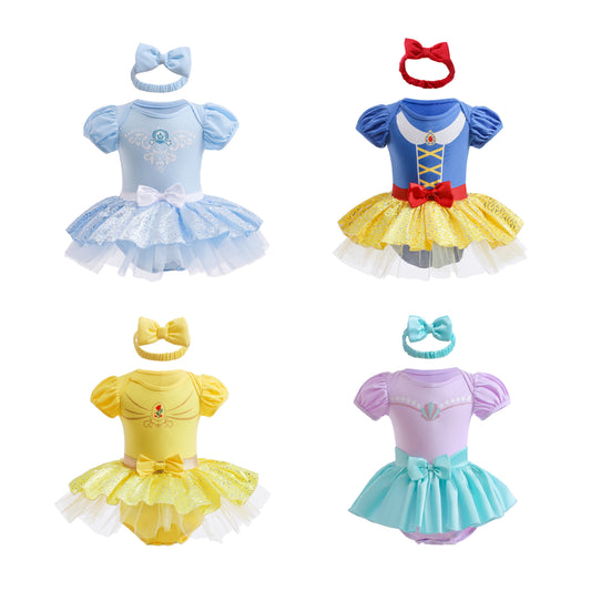 Infant Princess Tutu Romper Dress with Bow Headband, Puff Sleeve Baby Girl Party Outfit in Sizes 3-18 Months for Birthdays and Family Photos