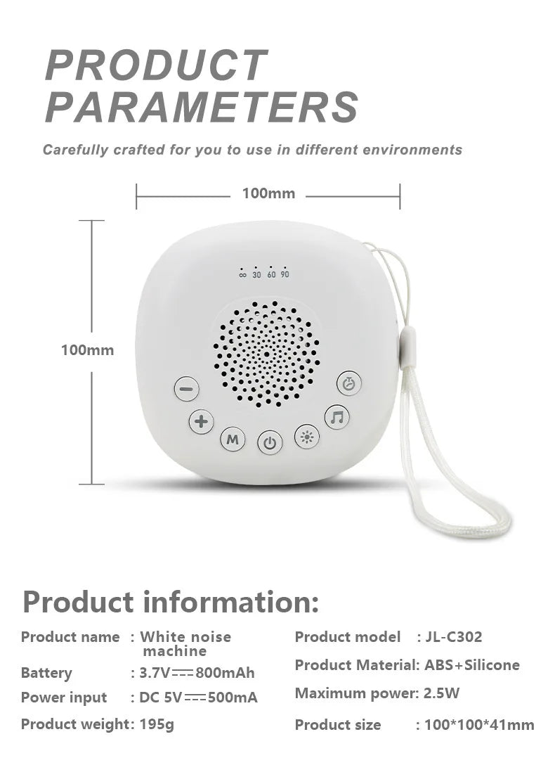 White Noise Machine with Adjustable Night Light, 20 Sounds and 22 Volume Levels, USB-C Rechargeable Timer Sound Device for Nursery and Travel