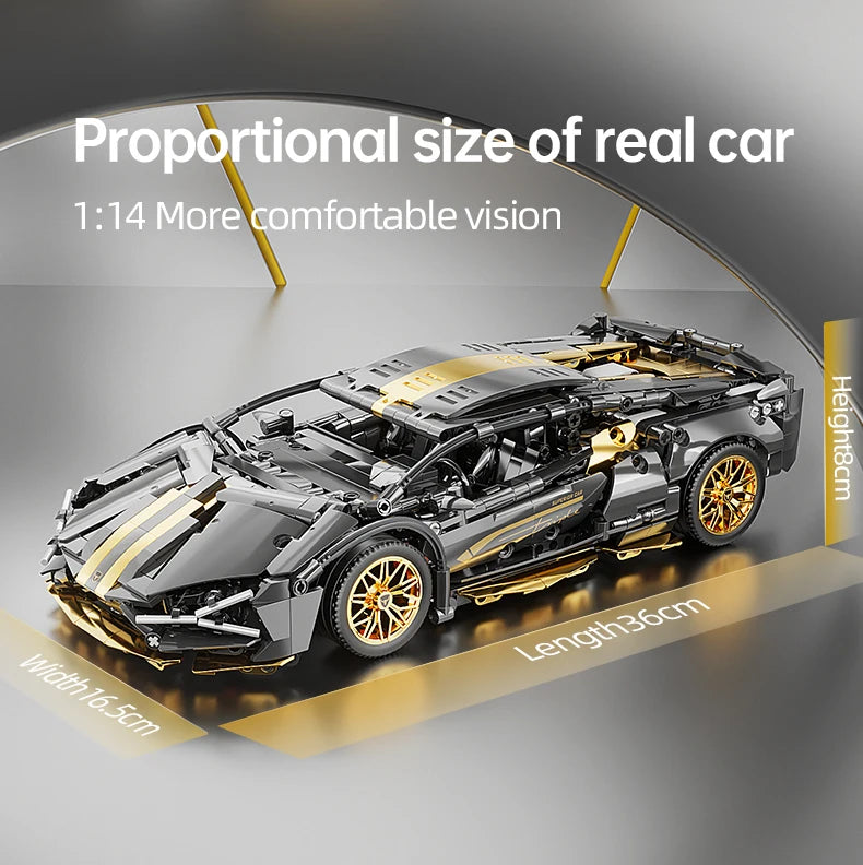 Supercar Building Set, 1280-Piece Black and Gold 1:14 Scale Sports Car Model with Adjustable Rear Wing and Opening Cockpit by KAVOWORLD