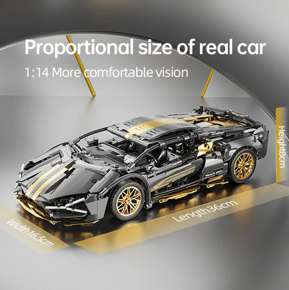 Supercar Building Set, 1280-Piece Black and Gold 1:14 Scale Sports Car Model with Adjustable Rear Wing and Opening Cockpit by KAVOWORLD