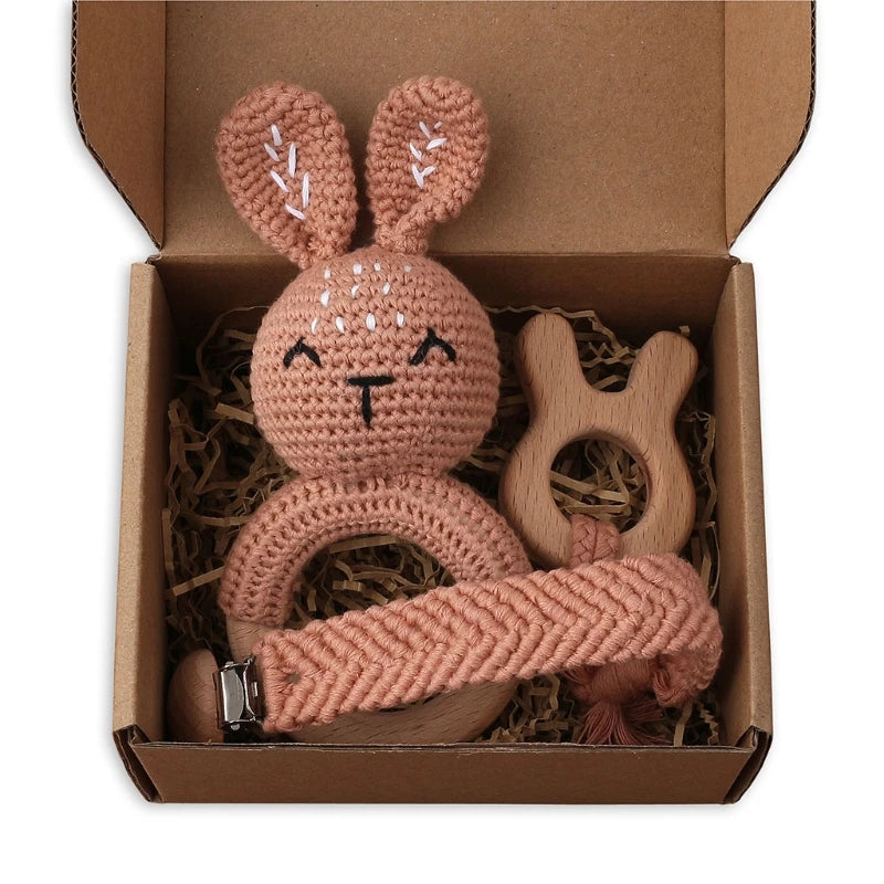 Crochet Animal Rattle Set with Wooden Ring and Coordinating Accessories, Rabbit, Deer and More Designs for Supervised Play and Baby Shower Gifts