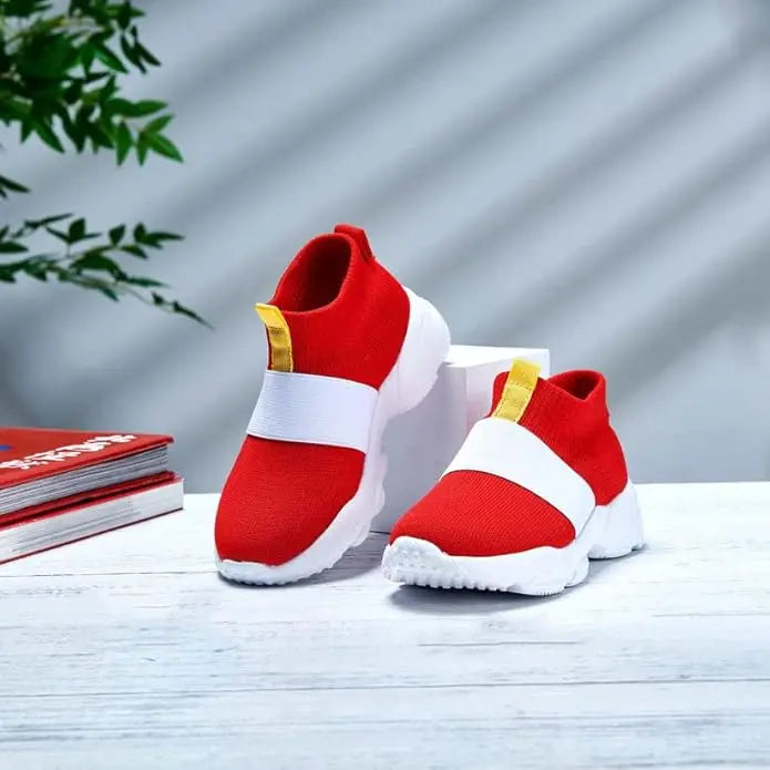 Sonic-Inspired Red Slip-On Shoes with White Band Detail and White Soles, Game-Themed Casual Footwear with Ring and Gem Options for Kids