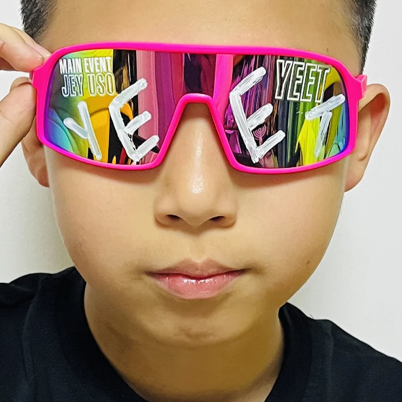 YEET Graphic Sunglasses with Jey Uso Main Event Lettering, Colorful Shield-Style Fan Shades in Children's and Adult Options for Party Outfits