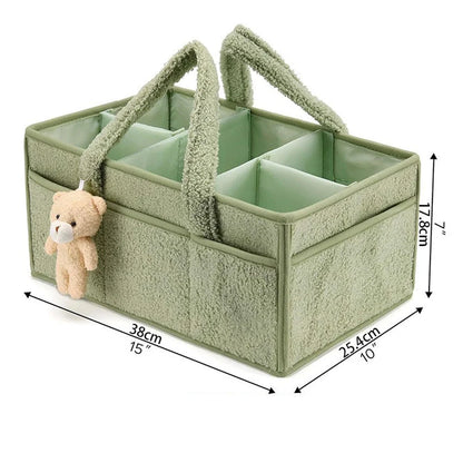Plush Diaper Caddy with Carry Handles, Divided Compartments and Outer Pockets, Teddy Bear Nursery Organizer for Diapers and Baby Essentials