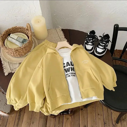 Kids Zip-Up Hoodie and Jogger Pants Set in Yellow or Gray, Two-Piece Casual Outfit with Letter Detail for Boys and Girls, Sizes 90-140cm