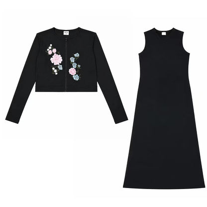 Women's Sleeveless Maxi Dress and Button-Front Cardigan Options, Black and Cream Layering Outfit for Everyday Wear, Ladies XS-3XL