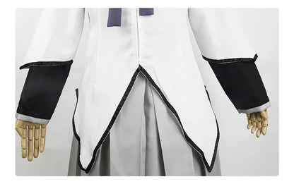 Akemi Homura Cosplay Uniform with White Coat, Gray Skirt, Purple Bows and Stockings, Anime Character Outfit for Halloween and Convention Events