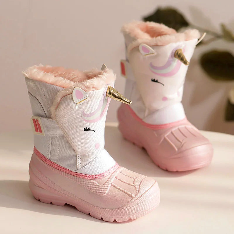 Kids Unicorn Winter Boots with Plush Trim, Gold-Tone Horn and Ear Details, Pink and White Fantasy-Themed Cold-Weather Footwear for Girls